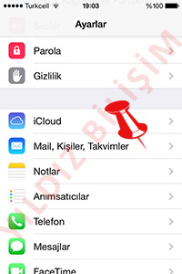 Ayarlar menüsünden Mail, Kişiler, Takvimler menüsüne dokunuyoruz.