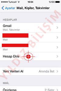 Mail, Kişiler, Takvimler menüsünün altında bulunan Hesap Ekle... menüsüne dokunuyoruz.