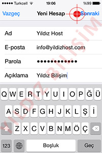 Açılan Yeni Hesap bölümünde bulunan Ad, E-posta, Parola, Açıklama kısımlarını dolduruyoruz. Bilgileri doğru ve eksiksiz doldurduysak Sonraki düğmesine dokunuyoruz.