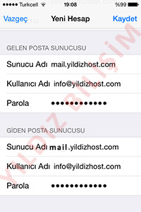 Daha sonra Gelen Posta Sunucusu bölümünün altında bulunan Sunucu Adı, Kullanıcı Adı, Parola bilgilerini giriyoruz. Burada dikkat edilmesi gereken Sunucu Adı kısmını mail.sizindomainadresiniz.com şeklinde doldurmanızdır.