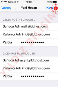 Aynı ekranda bulunan Giden Posta Sunucusu bölümünü de dolduruyoruz.