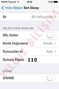 İleri Düzey menüsünün altında Gelen Posta Ayarları bölümünün altında bulunan Sunucu Kapısı değerini 110 olarak değiştiriyoruz.