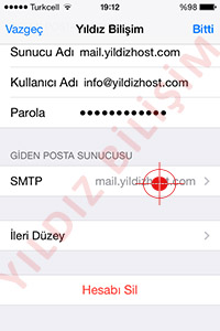 Ad menüsüne tekrar geldiğinizde Giden Posta Sunucusu bölümünün altında bulunan SMTP kısmına dokunuyoruz.