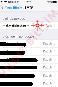 SMTP menüsünün altında bulunan Birincil Sunucu bölümündeki mail.sizindomainadınız.com kısmına dokunuyoruz.
